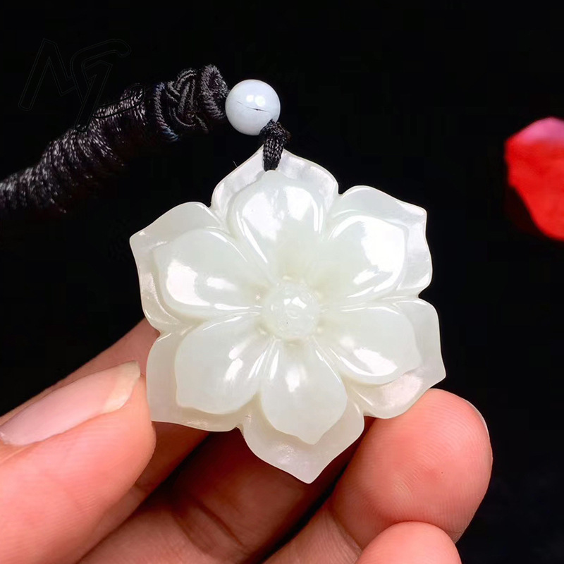 Necklaces - Natural Chinese White Jade Pentagonal Flower