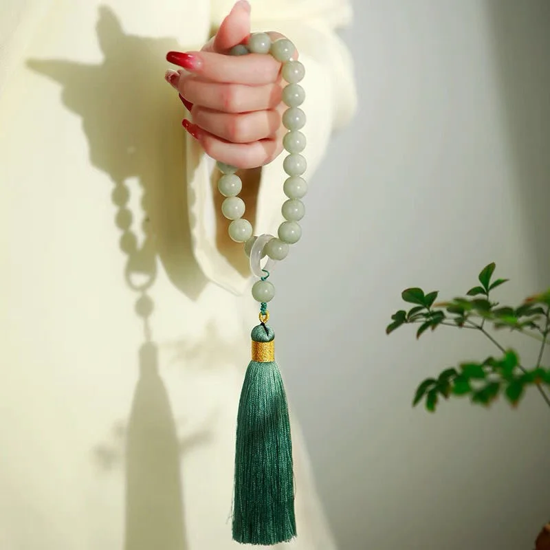 Necklaces - Green Jade Stone 12mm Beads Tassel