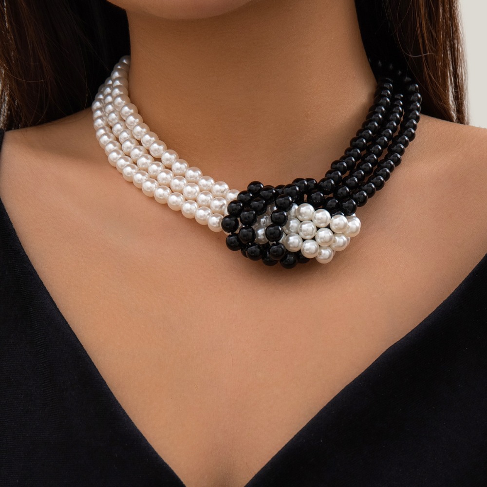 Fashion Retro Black White Stit - Pearl Choker Necklace Vintage 评论和价格